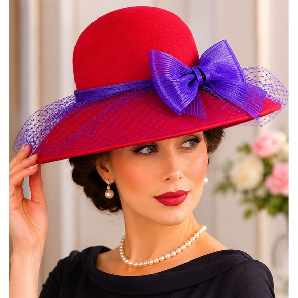 Vintage 100% Wool Red Wide Brim Derby Hat Purple Bow Church Tea Party main image 10